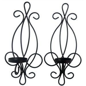 Black Metal Wall Candle Sconces Set Of 2 Curved Scroll Design 12" Tall